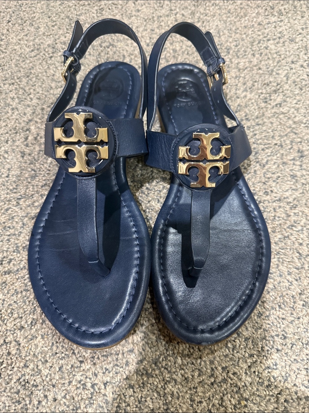 Tory Burch Miller Navy Leather Thong Sandals with Gold Logo